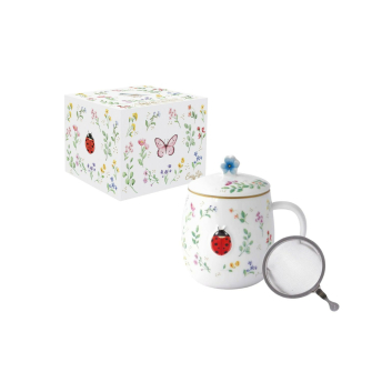 Magiczny Ogród Biedronka – Kubek Porcelanowy z Pokrywka i Zaparzaczem w Ozdobnym Pudełku 450 ml