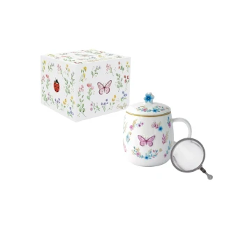 Magiczny Ogród Motyl – Kubek Porcelanowy z Pokrywka i Zaparzaczem w Ozdobnym Pudełku 450 ml