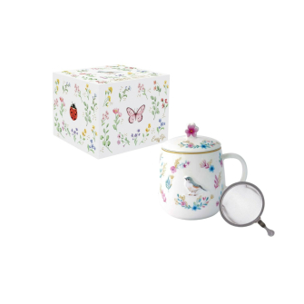 Magiczny Ogród Ptaszek – Kubek Porcelanowy z Pokrywka i Zaparzaczem w Ozdobnym Pudełku 450 ml