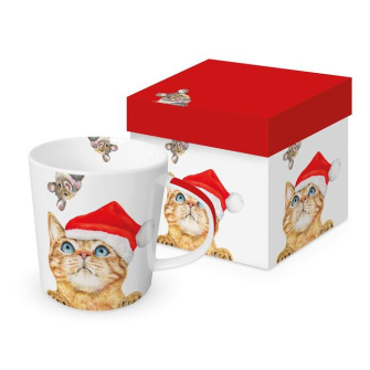 Kot w Czapce Świętego Mikołaja Kubek Porcelanowy w Ozdobnym Pudełku 400 ml