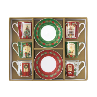 Świąteczna scanka Kpl. 6 filiżanek porcelanowych ze spodkami 100 ml w kolorowym pudełku