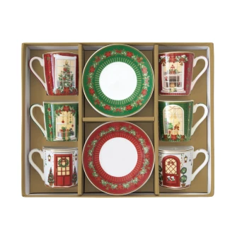 Świąteczna scanka Kpl. 6 filiżanek porcelanowych ze spodkami 100 ml w kolorowym pudełku